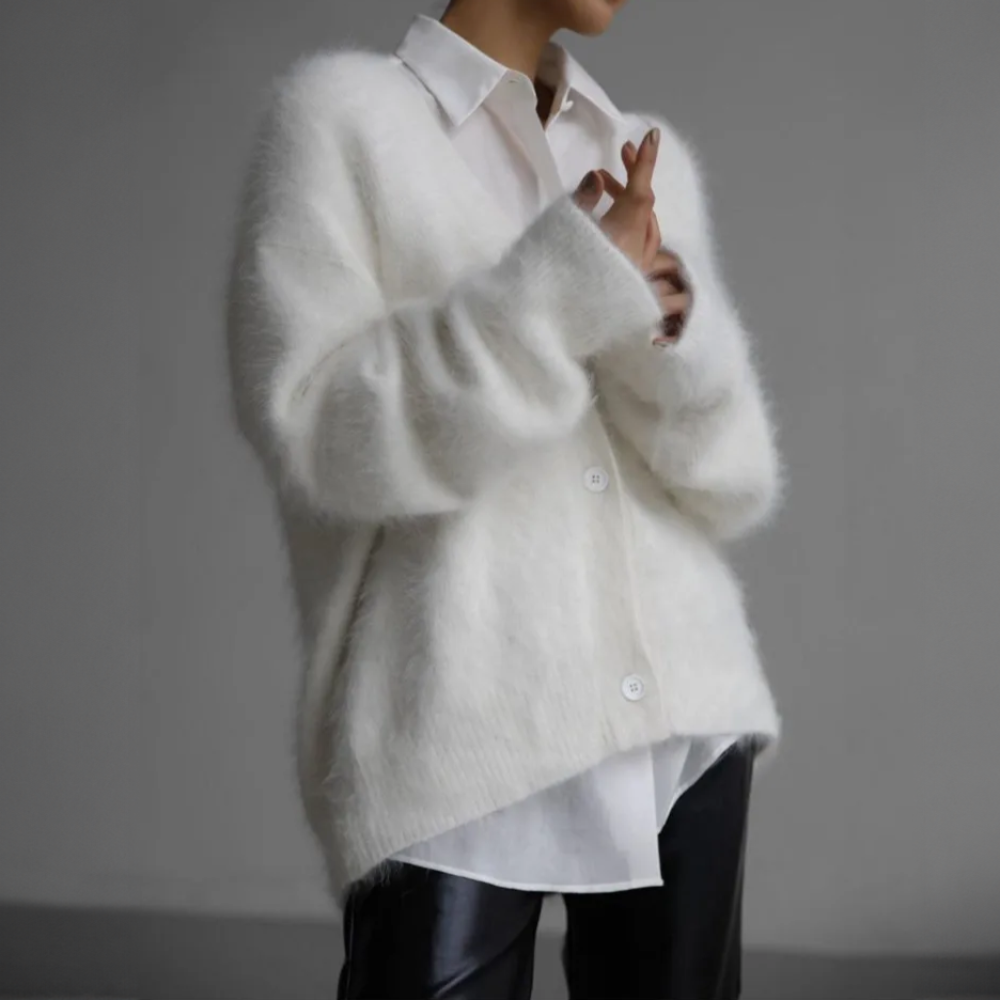 Oversized V Neck Fuzzy Knit Cardigan with Button Front for Women