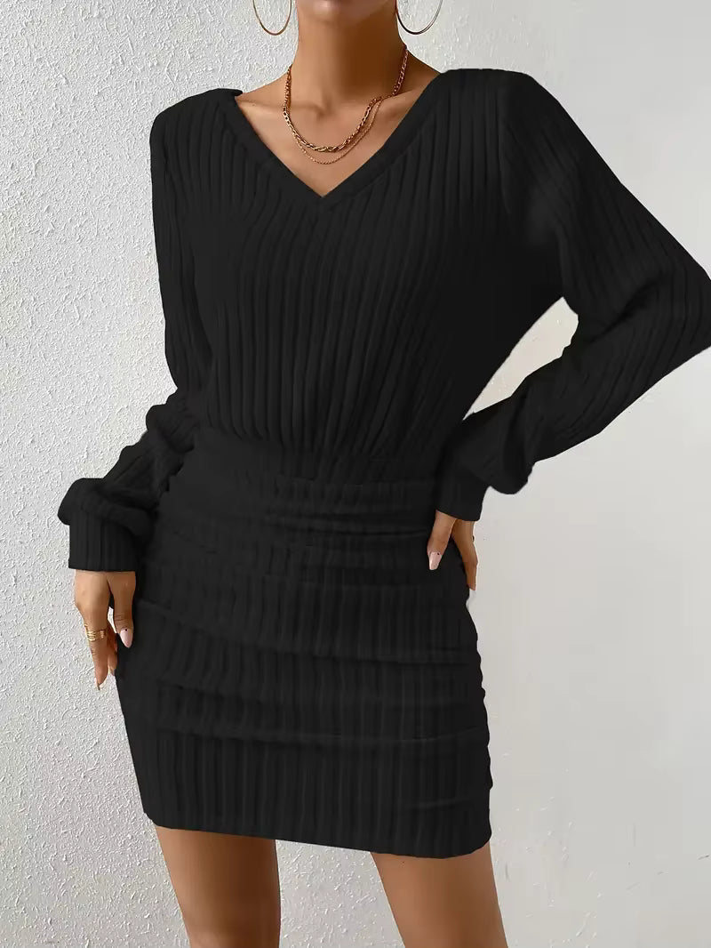 V Neck Ribbed Sweater Mini Dress for Women