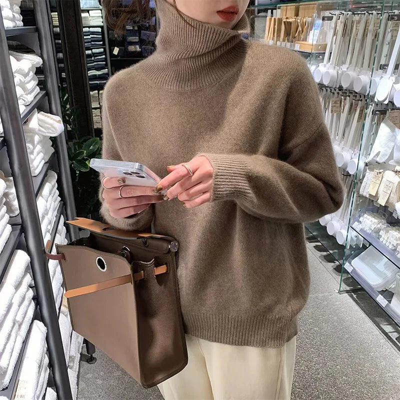 Oversized Ribbed Knit Pullover Turtleneck Sweater for Women