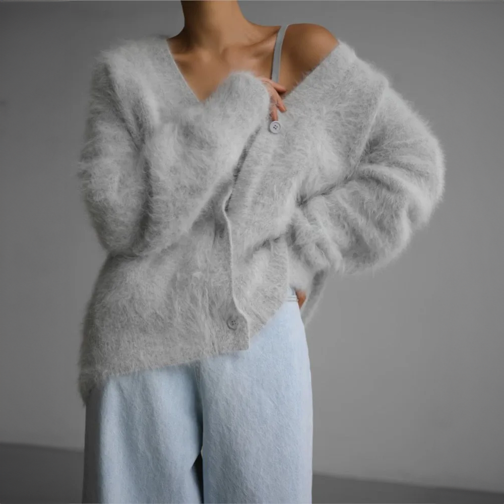 Oversized V Neck Fuzzy Knit Cardigan with Button Front for Women