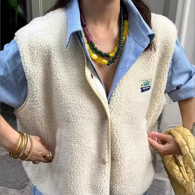 Cropped Sleeveless Teddy Fleece Vest with Button Front for Women