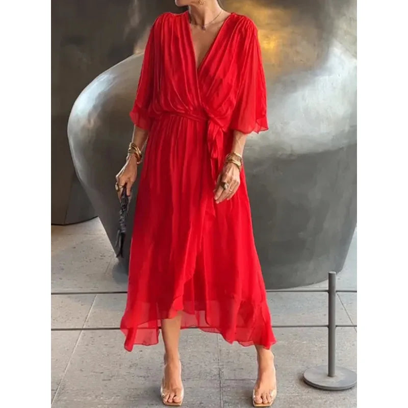 Irregular Chiffon Dress with Bat Sleeve for Women