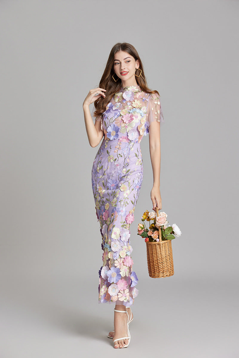 Vestido Largo Ajustado con Bordado Floral para Mujer | Ideal para Salir