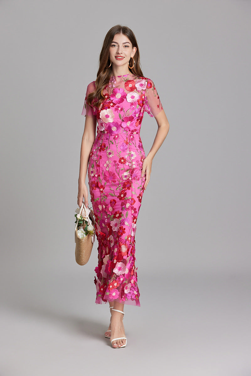 Vestido Largo Ajustado con Bordado Floral para Mujer | Ideal para Salir
