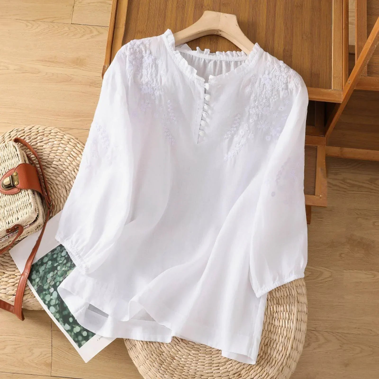Embroidered Three-Quarter Sleeve Blouse for Women