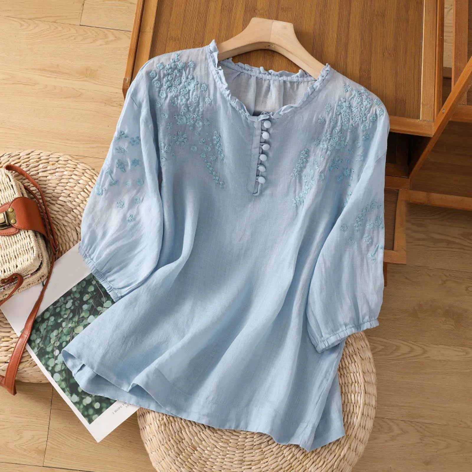 Embroidered Three-Quarter Sleeve Blouse for Women