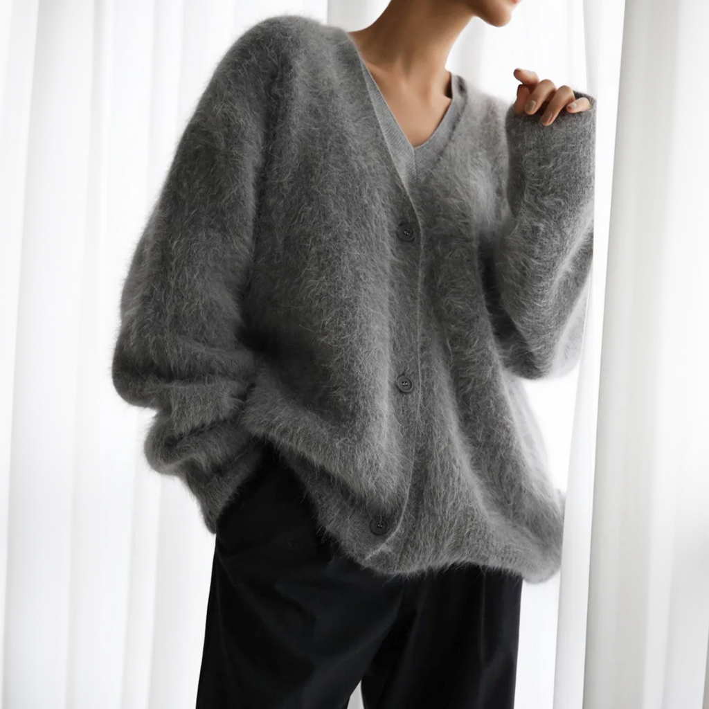 Oversized V Neck Fuzzy Knit Cardigan with Button Front for Women