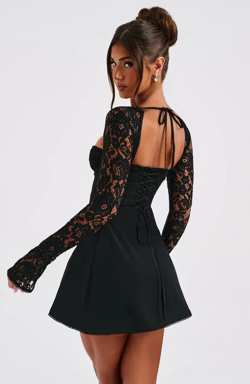 Vestido Mini Ajustado con Mangas de Encaje para Mujer