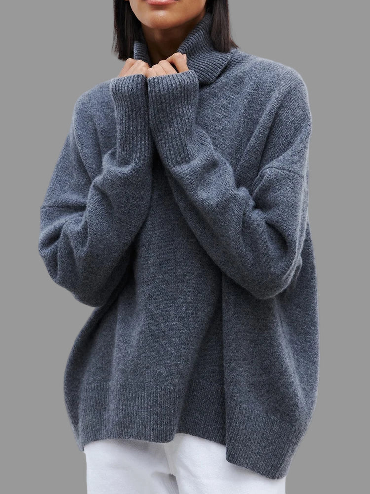 Oversized Alpaca Ribbed Knit Long Sleeve Turtleneck Sweater for Women