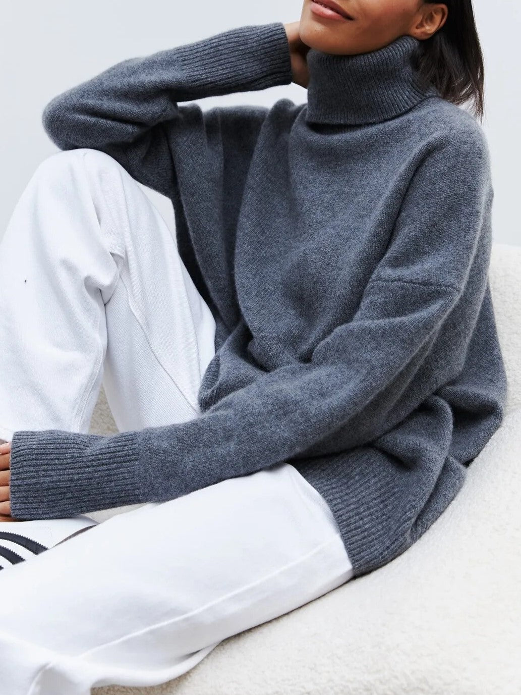 Oversized Alpaca Ribbed Knit Long Sleeve Turtleneck Sweater for Women