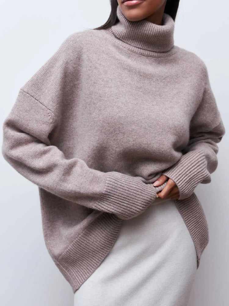 Oversized Alpaca Ribbed Knit Long Sleeve Turtleneck Sweater for Women