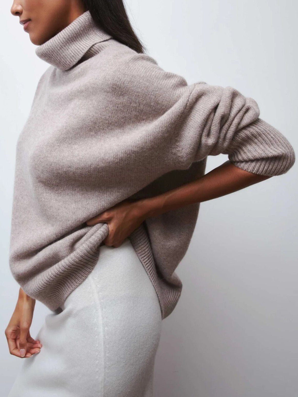 Oversized Alpaca Ribbed Knit Long Sleeve Turtleneck Sweater for Women