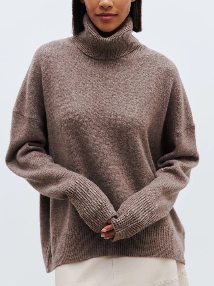 Oversized Alpaca Ribbed Knit Long Sleeve Turtleneck Sweater for Women