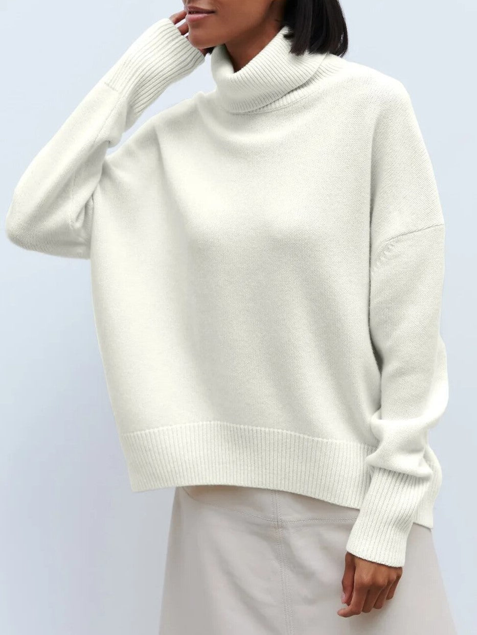 Oversized Alpaca Ribbed Knit Long Sleeve Turtleneck Sweater for Women