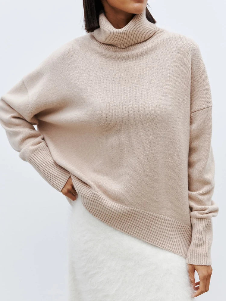 Oversized Alpaca Ribbed Knit Long Sleeve Turtleneck Sweater for Women