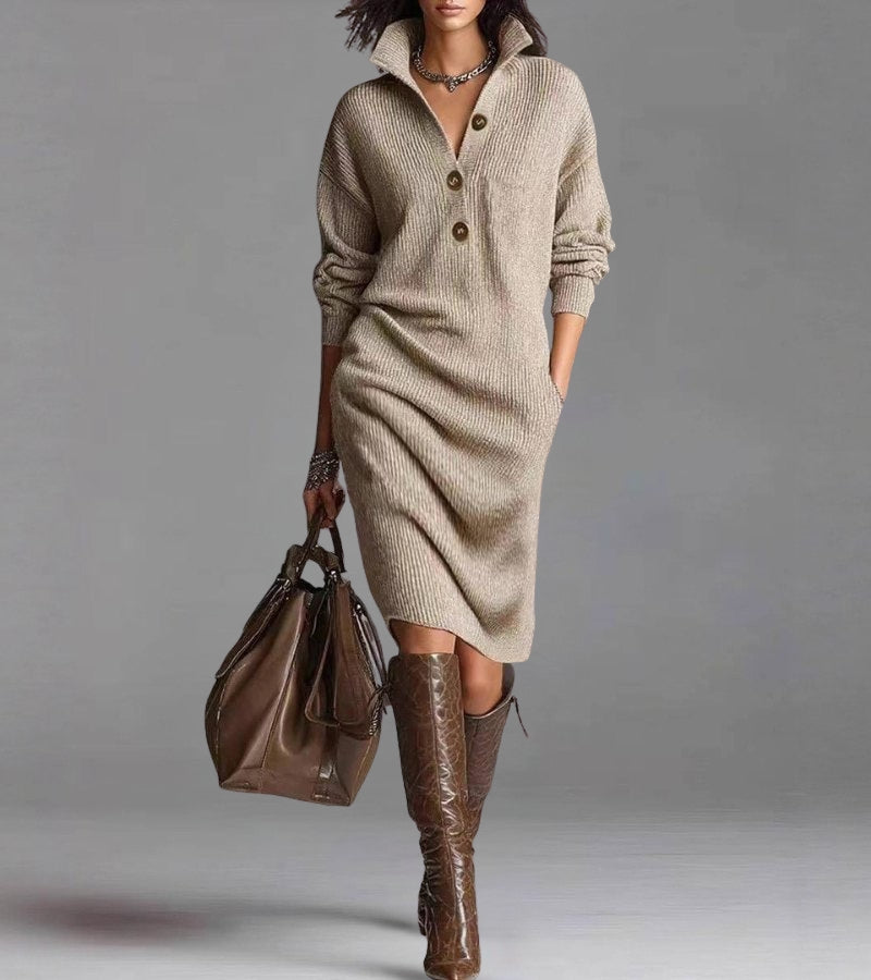Vestido de Punto Canalé Manga Larga Midi con Cuello de Botones para Mujer