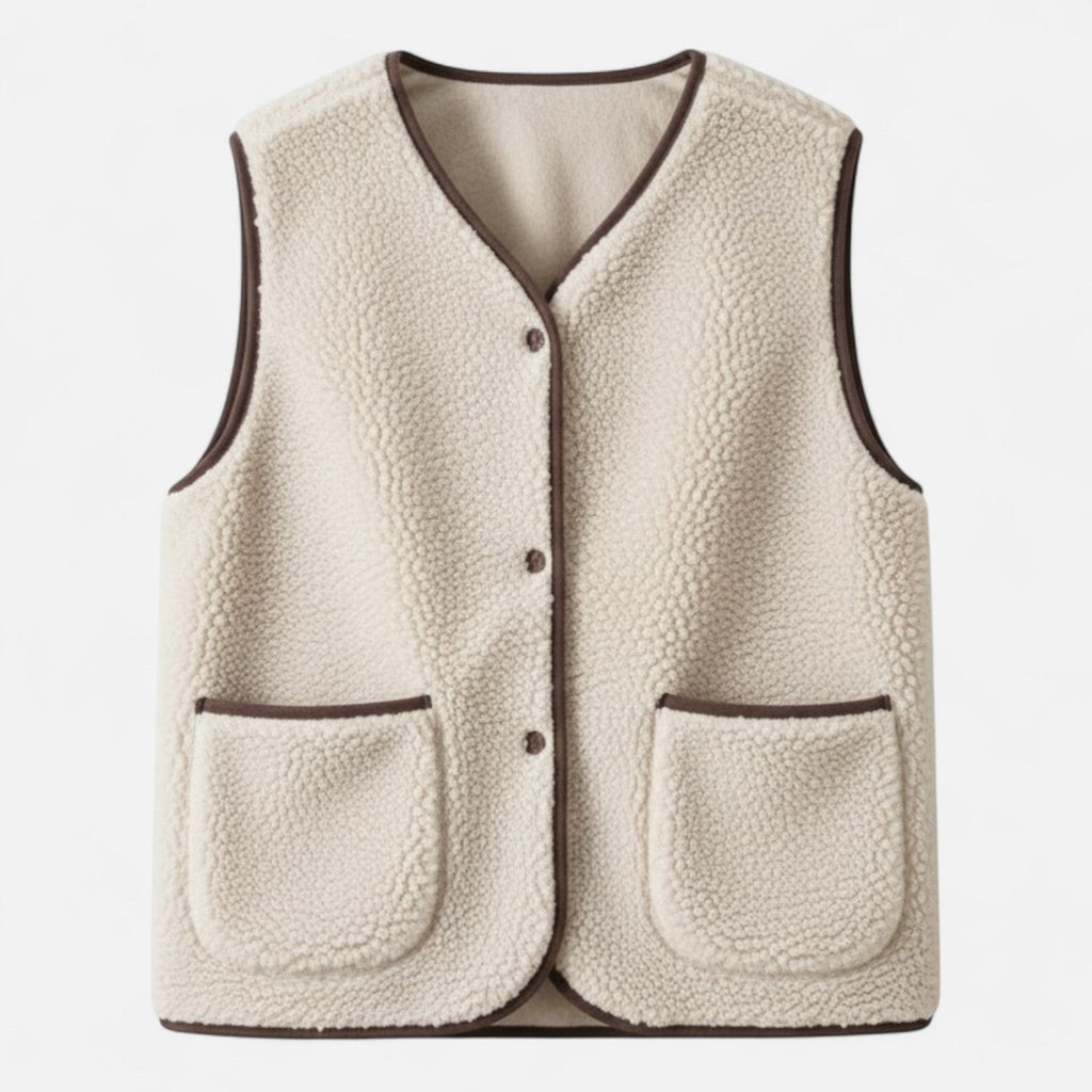 Sherpa Fleece Vest with Button Front and Patch Pockets for Women