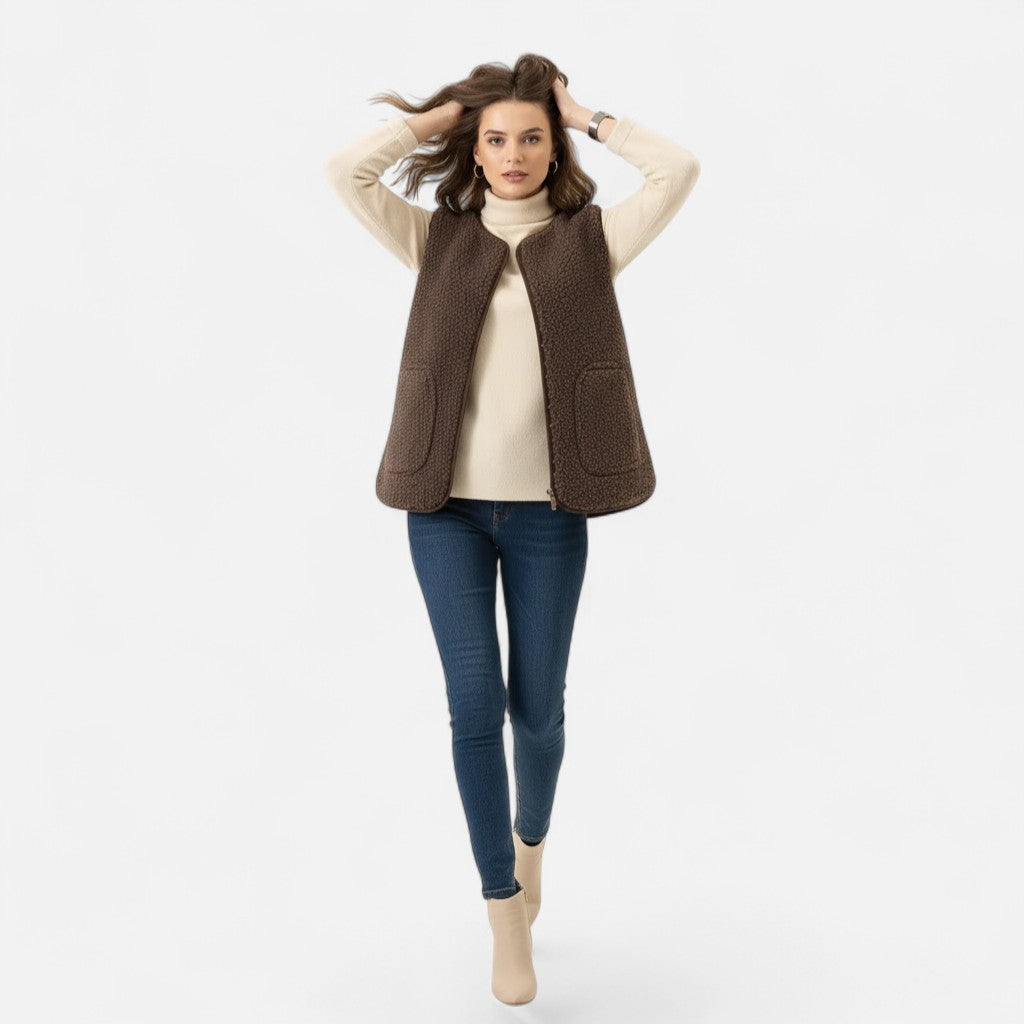 Sherpa Fleece Vest with Button Front and Patch Pockets for Women
