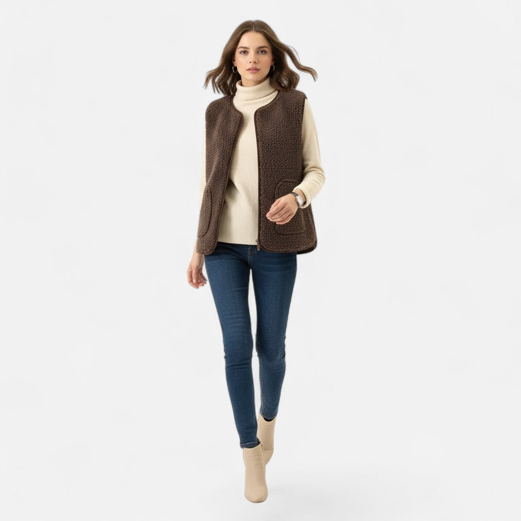 Sherpa Fleece Vest with Button Front and Patch Pockets for Women