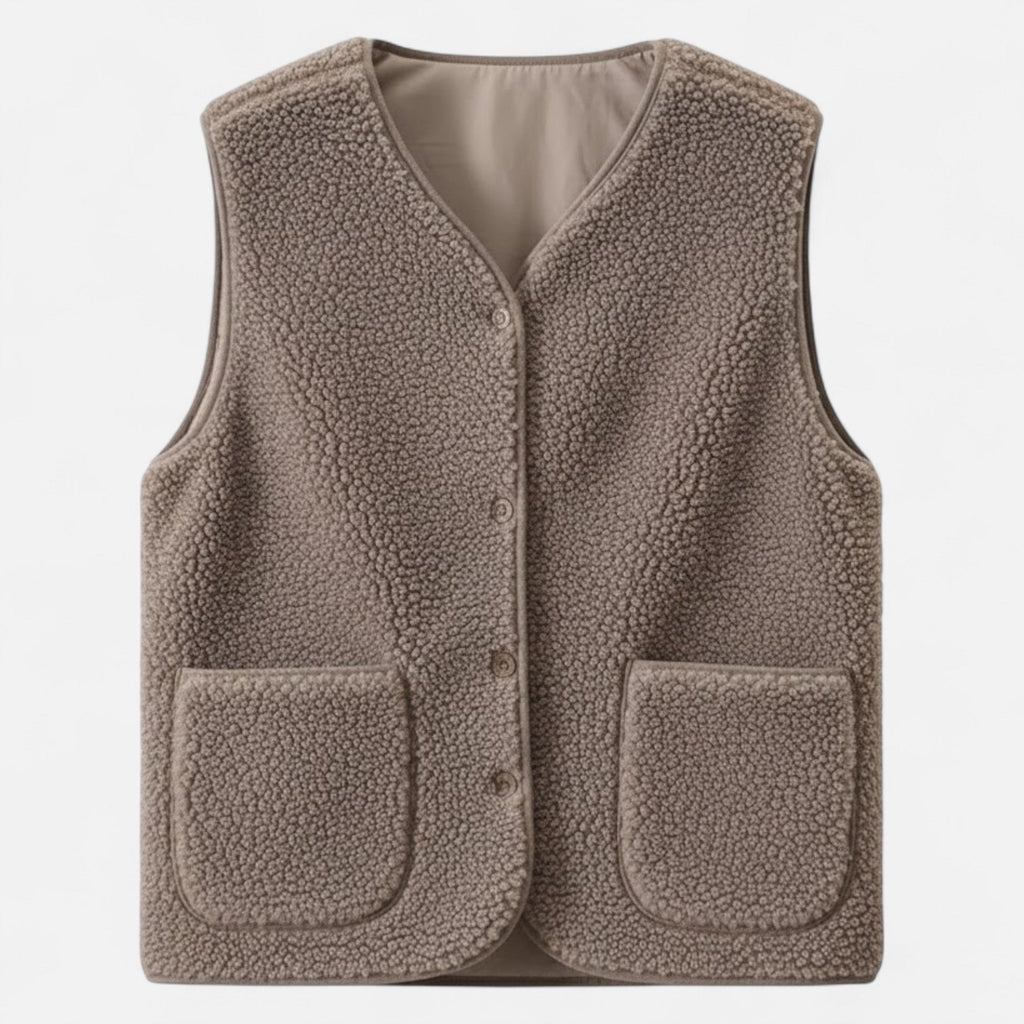 Sherpa Fleece Vest with Button Front and Patch Pockets for Women