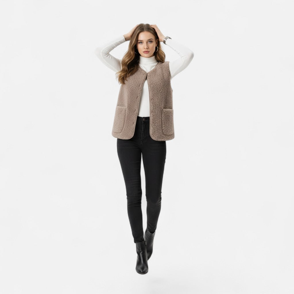 Sherpa Fleece Vest with Button Front and Patch Pockets for Women