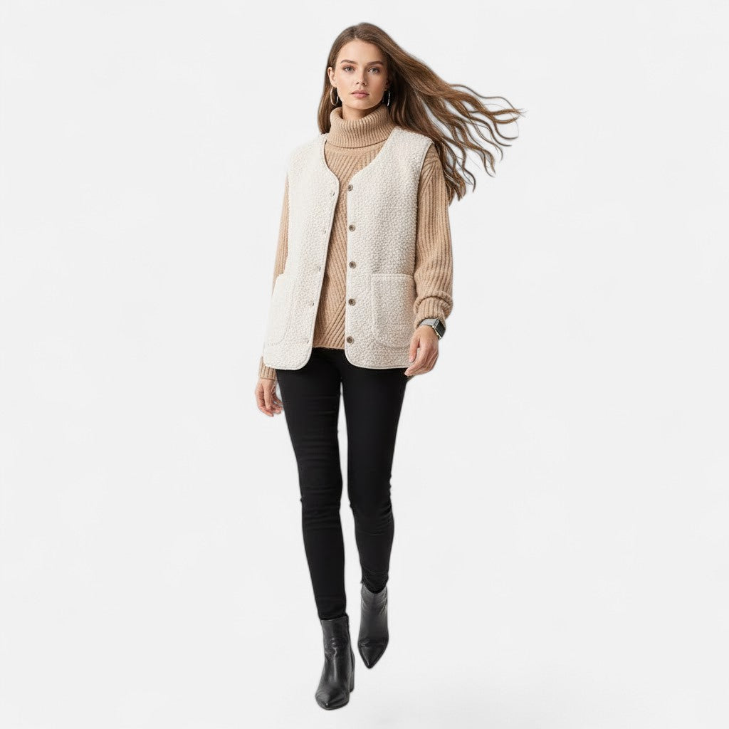 Sherpa Fleece Vest with Button Front and Patch Pockets for Women