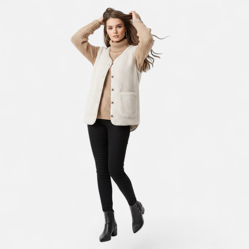 Sherpa Fleece Vest with Button Front and Patch Pockets for Women