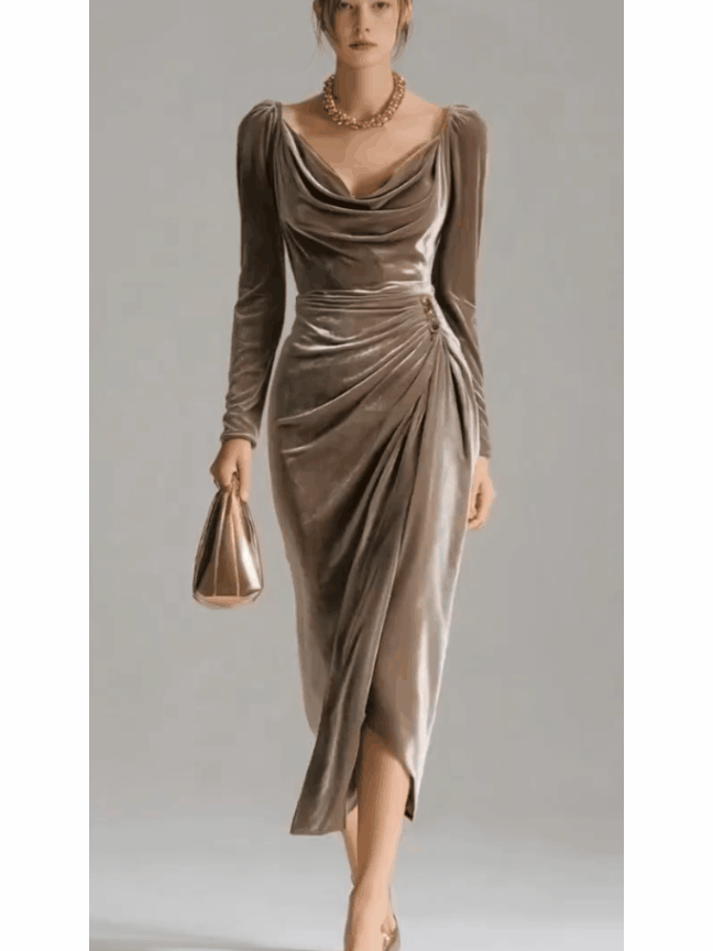 Vestido Midi Cruzado de Terciopelo con Cintura Fruncida para Mujer