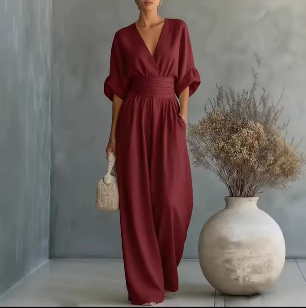 V-Neck Jumpsuit with Wide Pants for Women | Ideal for Summer