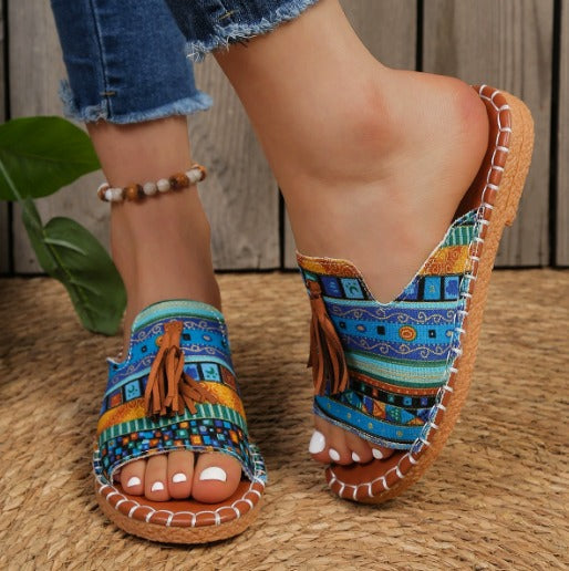 Sandalias casuales con tacón bajo y flecos para mujer