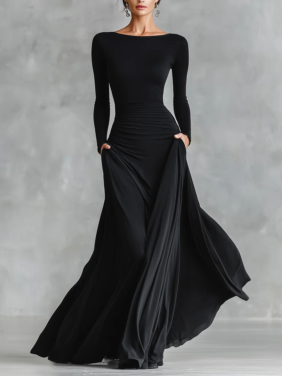 Vestido Largo Manga Larga con Escote Barco y Bolsillos Laterales para Mujer