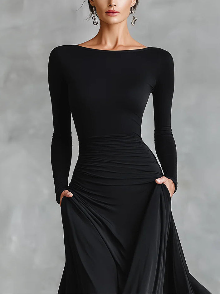 Vestido Largo Manga Larga con Escote Barco y Bolsillos Laterales para Mujer