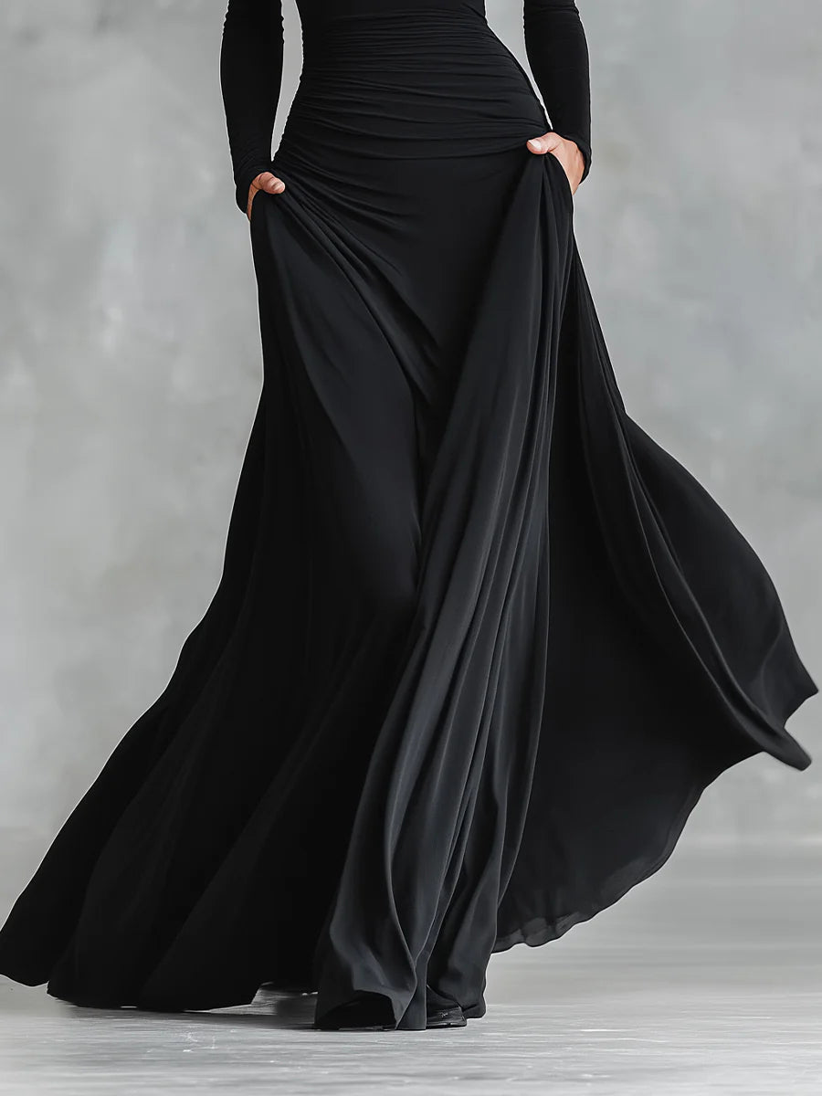 Vestido Largo Manga Larga con Escote Barco y Bolsillos Laterales para Mujer