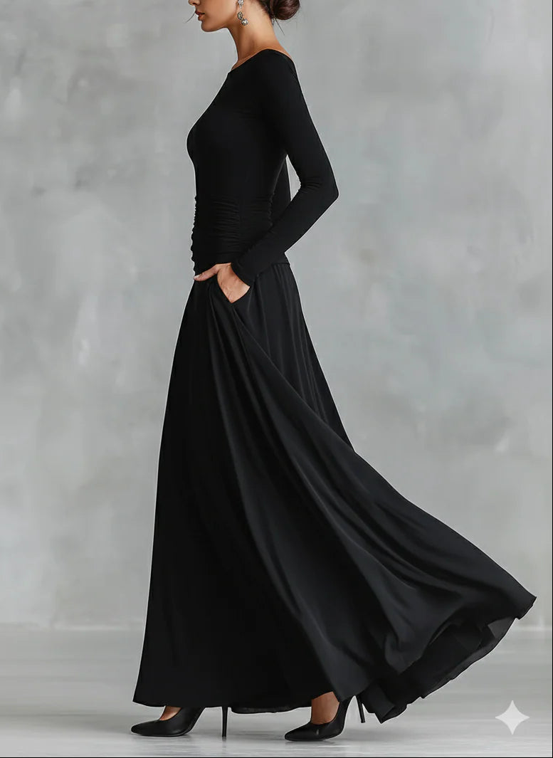 Vestido Largo Manga Larga con Escote Barco y Bolsillos Laterales para Mujer