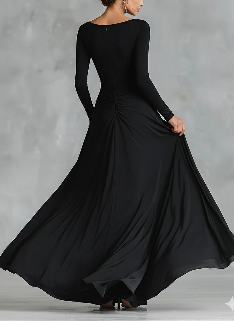 Vestido Largo Manga Larga con Escote Barco y Bolsillos Laterales para Mujer