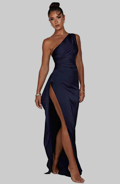 Vestido Midi de Satén con Un Hombro y Abertura para Mujer