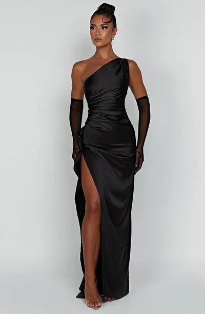 Vestido Midi de Satén con Un Hombro y Abertura para Mujer