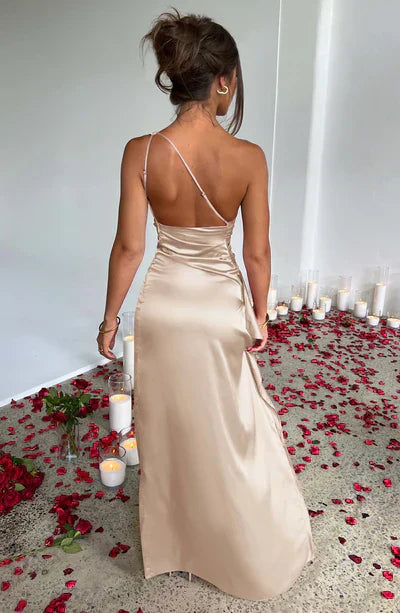 Vestido Midi de Satén con Un Hombro y Abertura para Mujer