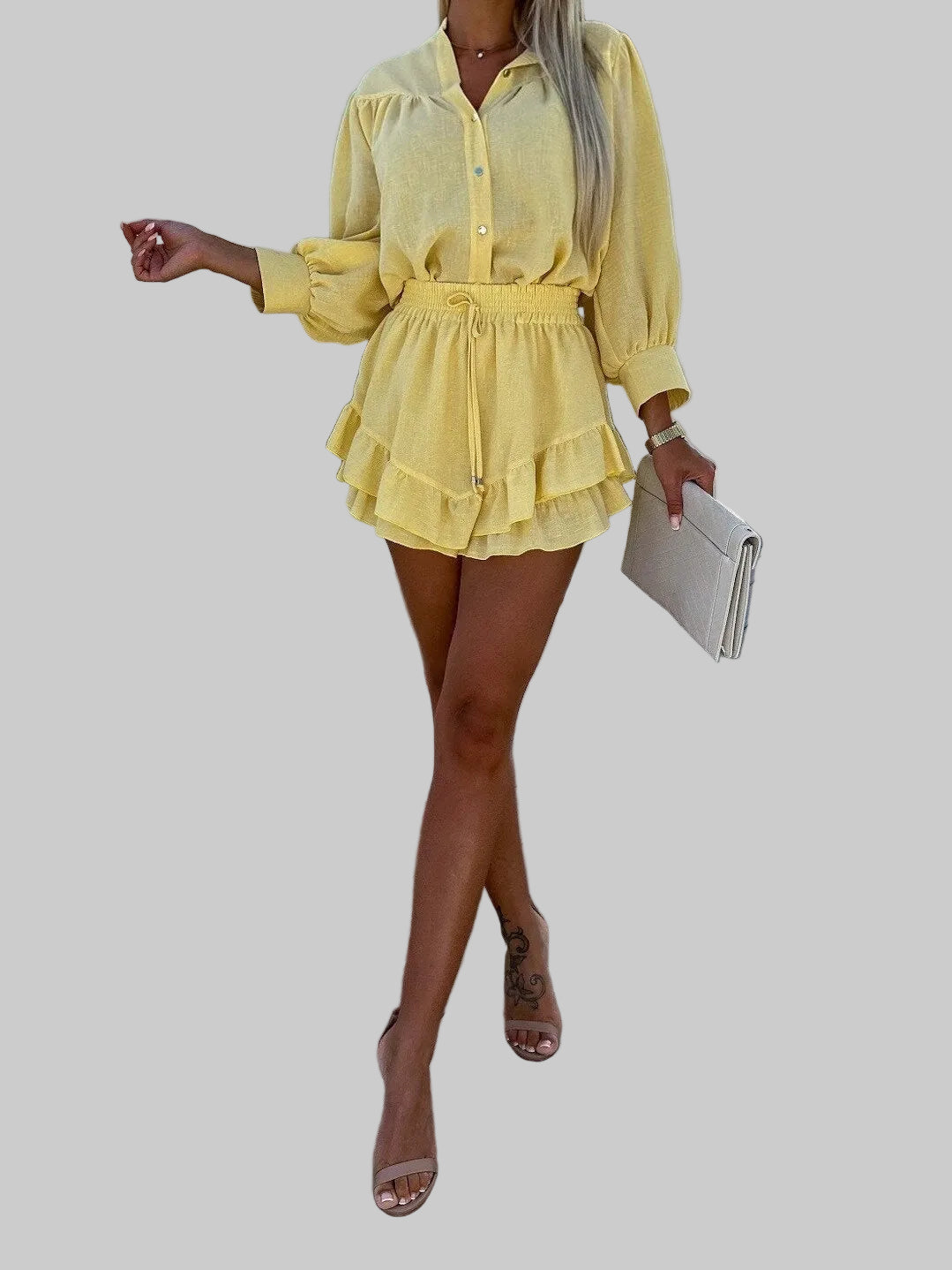 Conjunto Blusa de Botones y Shorts con Volantes para Mujer