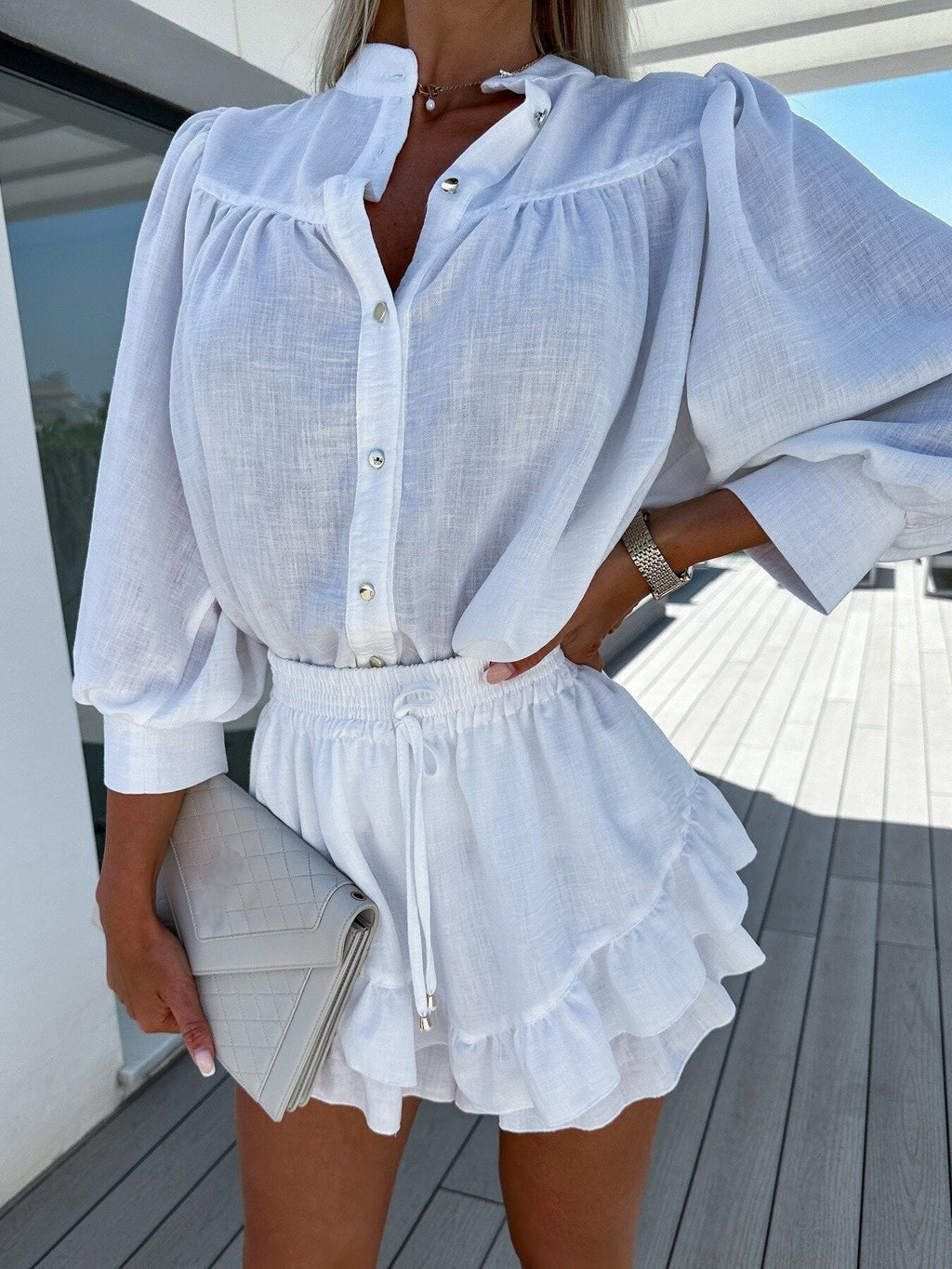 Conjunto Blusa de Botones y Shorts con Volantes para Mujer