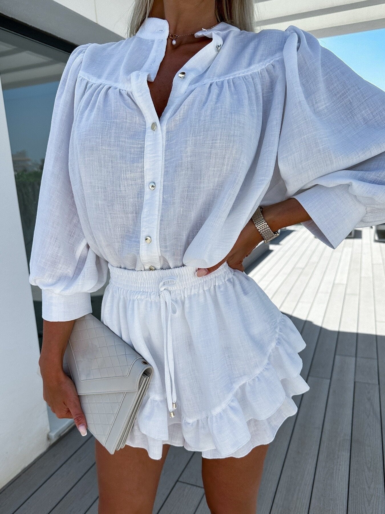 Conjunto Blusa de Botones y Shorts con Volantes para Mujer