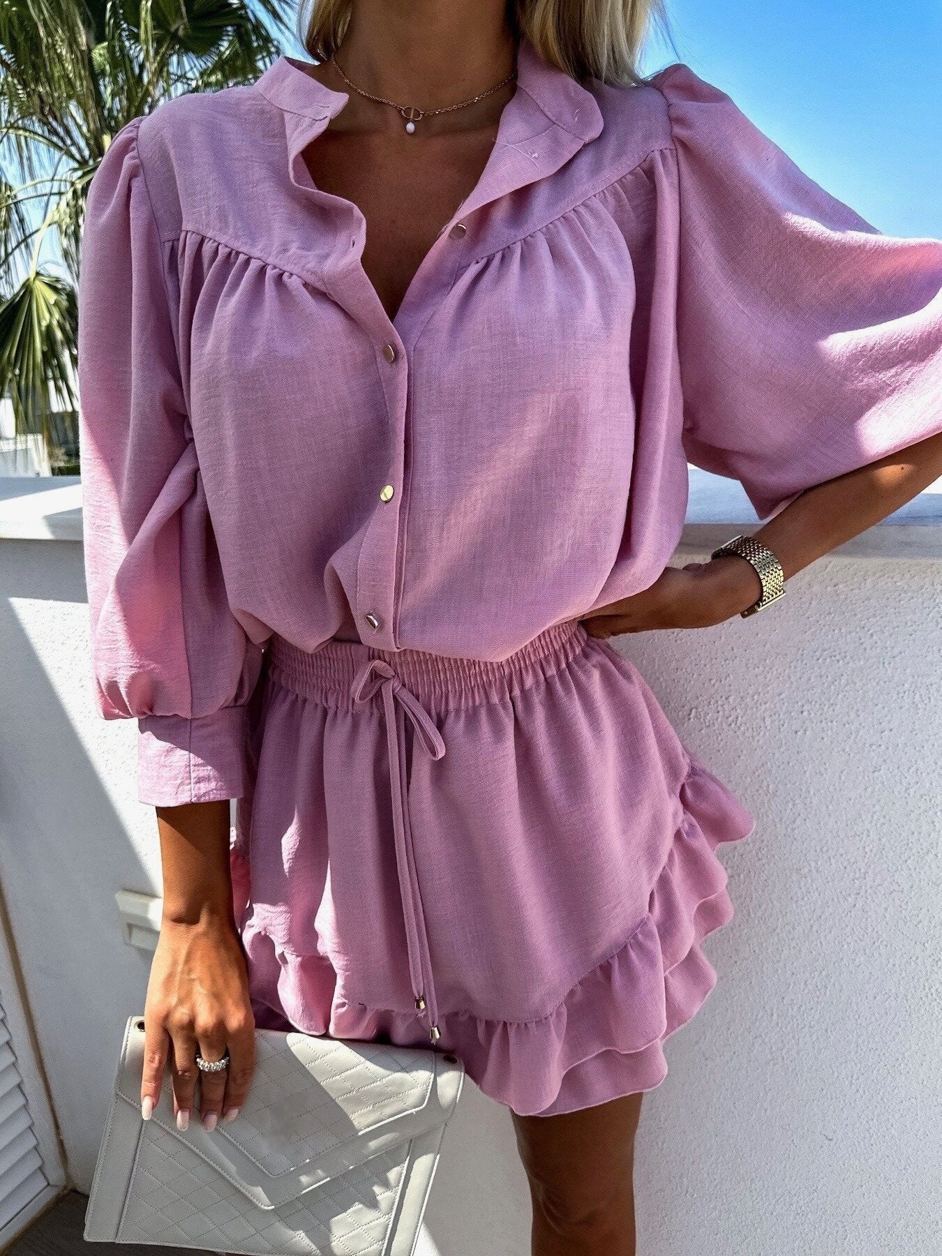 Conjunto Blusa de Botones y Shorts con Volantes para Mujer
