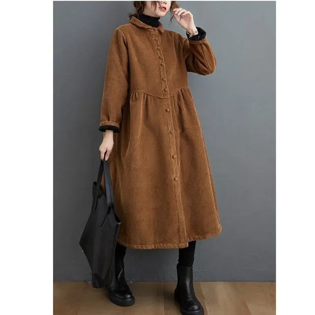 Vestido Camisa Maxi de Pana de Manga Larga para Mujer