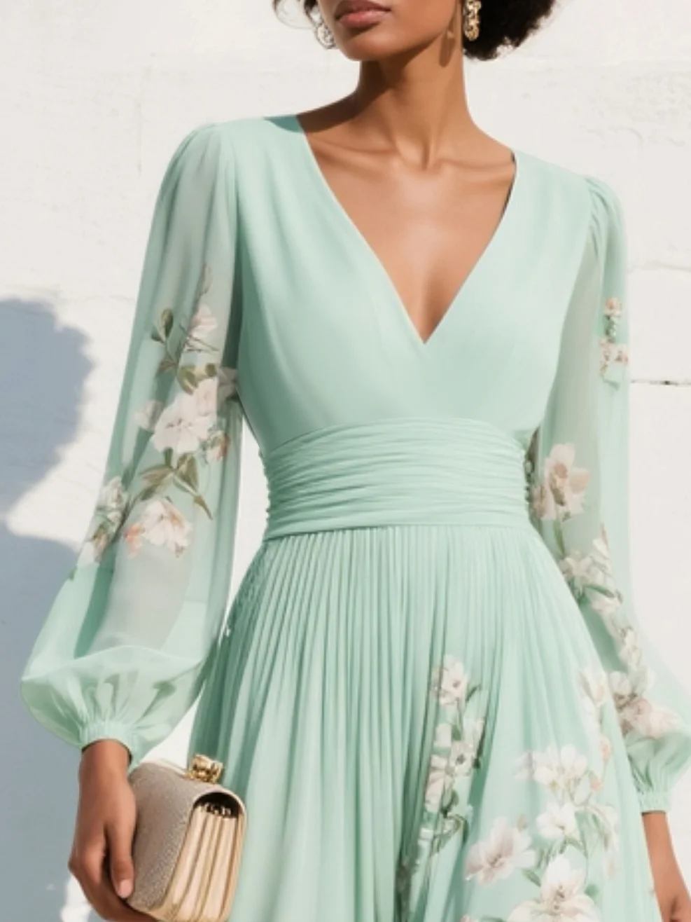 Vestido Midi de Chifón con Cuello en V para Mujer