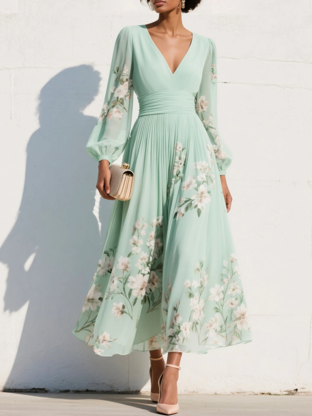 Vestido Midi de Chifón con Cuello en V para Mujer