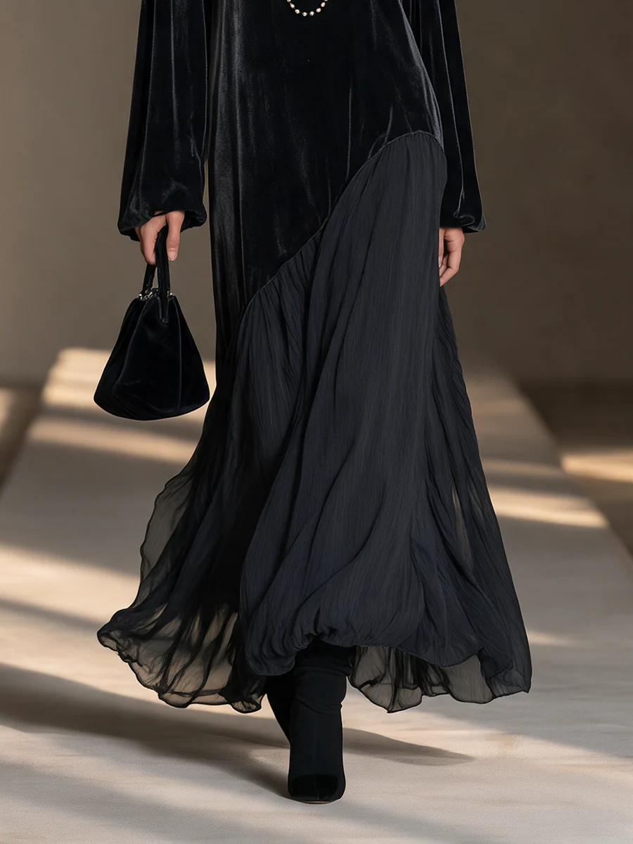 Vestido Largo de Terciopelo con Dobladillo Asimétrico de Chifón para Mujer