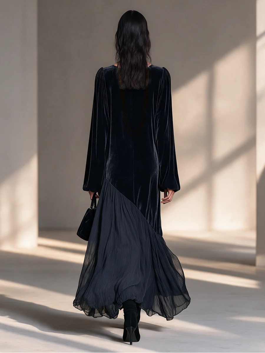 Vestido Largo de Terciopelo con Dobladillo Asimétrico de Chifón para Mujer