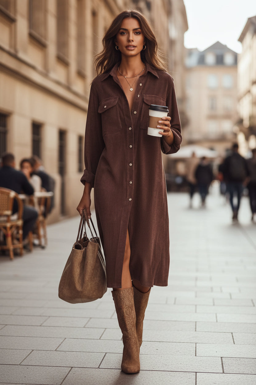 Vestido Camisero Midi de Pana de Manga Larga con Bolsillos para Mujer