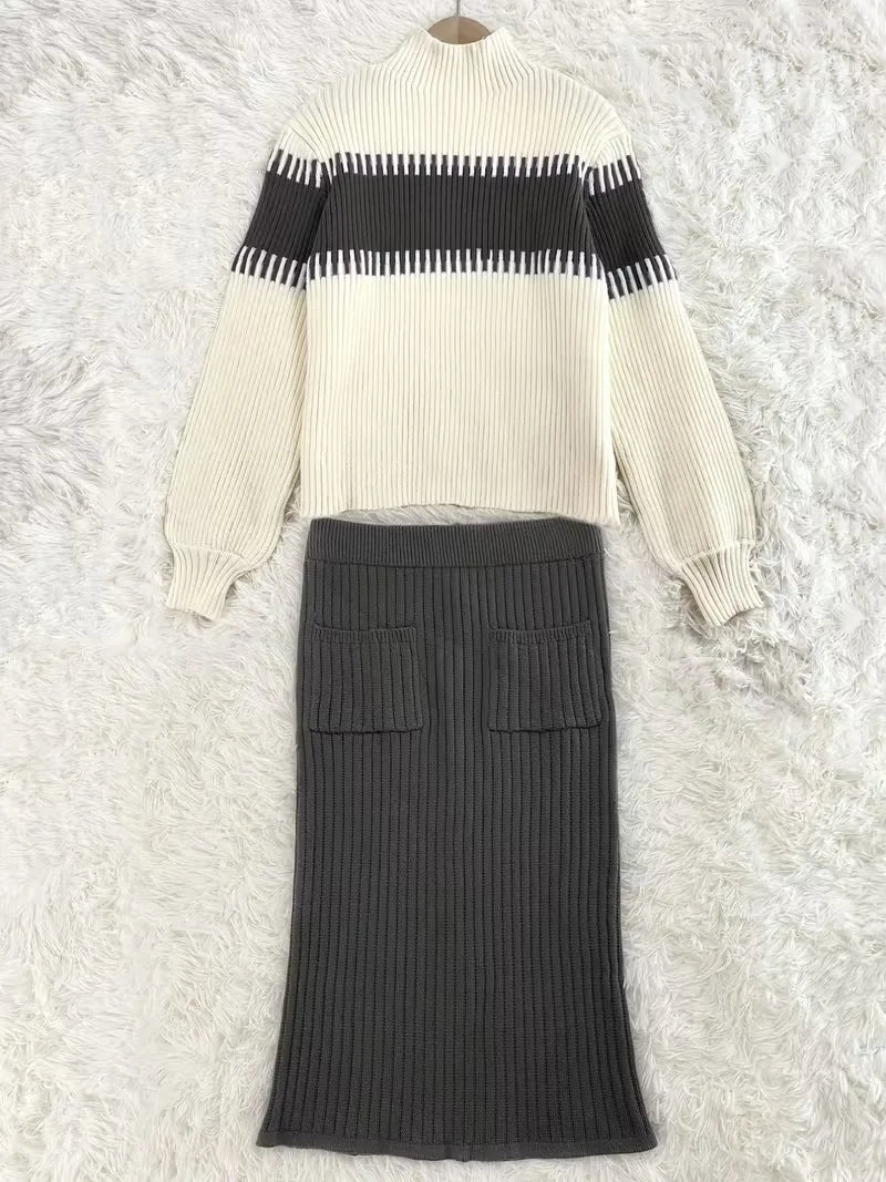 Falda Midi de Cintura Alta y Suéter Oversized de Punto Acanalado para Mujer