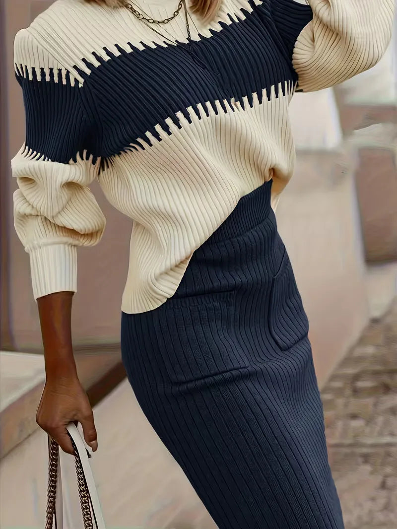 Falda Midi de Cintura Alta y Suéter Oversized de Punto Acanalado para Mujer